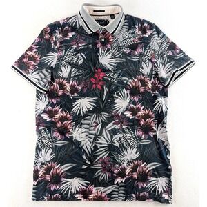 Ted Baker Kendle Floral Polo Shirt Mens 3 M Navy Pink Cotton Stretch